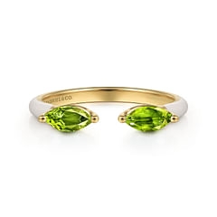 Enamel - 14K Yellow Gold Marquise Peridot Open Stackable Ring with White Enamel