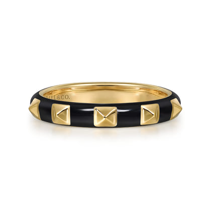 Enamel - 14K Yellow Gold Pyramid Stackable with Black Enamel