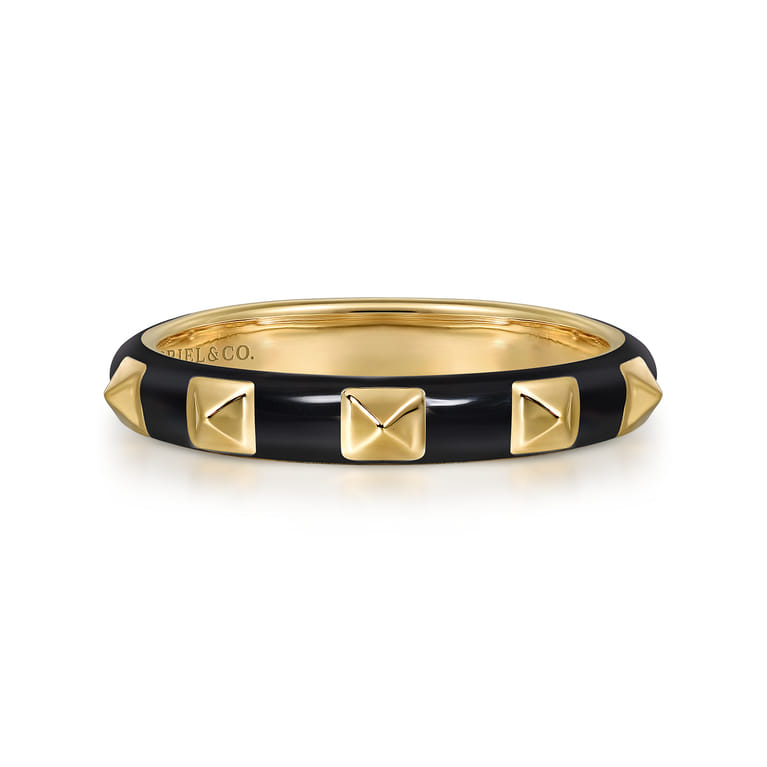 Enamel - 14K Yellow Gold Pyramid Stackable with Black Enamel - Shot 1