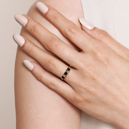 Enamel - 14K Yellow Gold Pyramid Stackable with Black Enamel