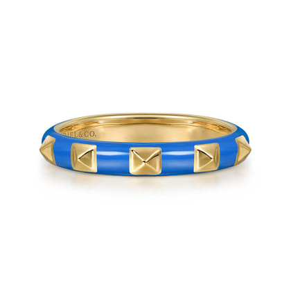 Enamel - 14K Yellow Gold Pyramid Stackable with Blue Enamel