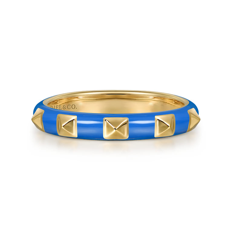 Enamel - 14K Yellow Gold Pyramid Stackable with Blue Enamel - Shot 1