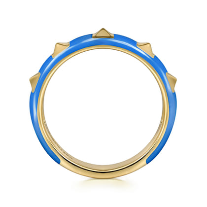 Enamel - 14K Yellow Gold Pyramid Stackable with Blue Enamel
