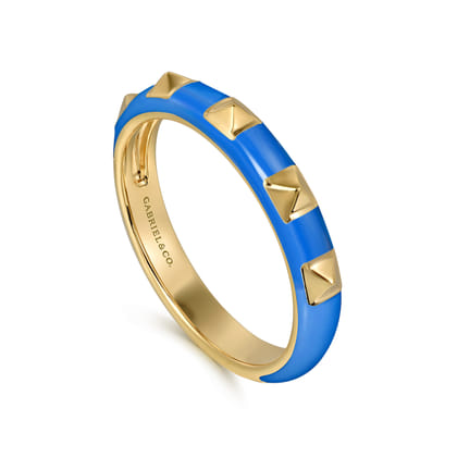 Enamel - 14K Yellow Gold Pyramid Stackable with Blue Enamel