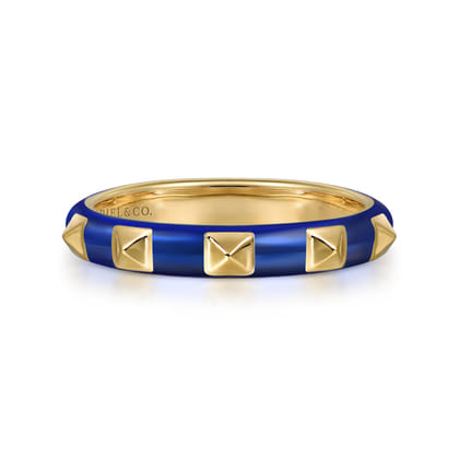 Enamel - 14K Yellow Gold Pyramid Stackable with Chrome Blue Enamel