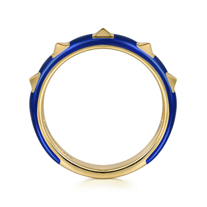Enamel - 14K Yellow Gold Pyramid Stackable with Chrome Blue Enamel