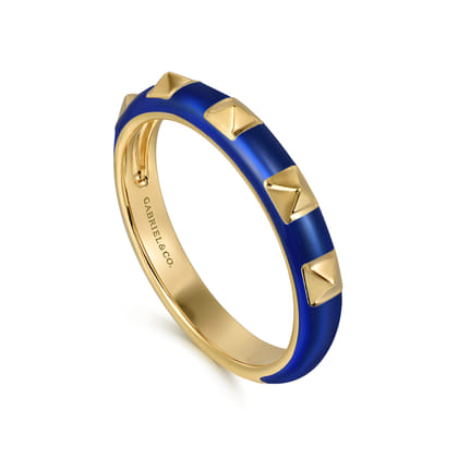 Enamel - 14K Yellow Gold Pyramid Stackable with Chrome Blue Enamel