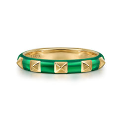 Enamel - 14K Yellow Gold Pyramid Stackable with Chrome Green Enamel