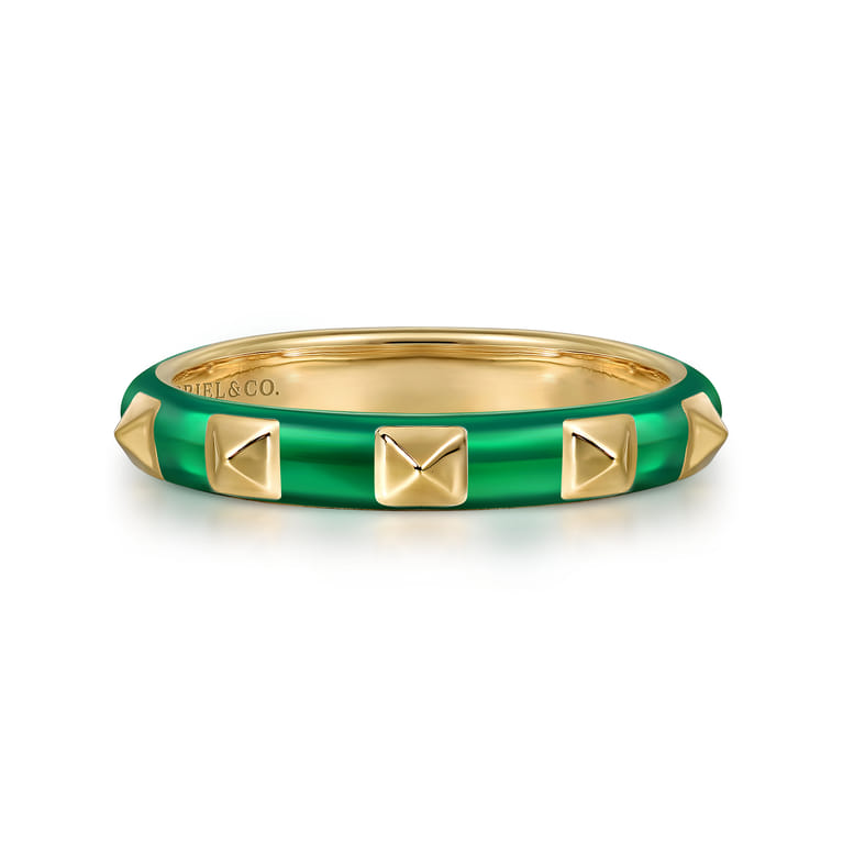 Enamel - 14K Yellow Gold Pyramid Stackable with Chrome Green Enamel - Shot 1
