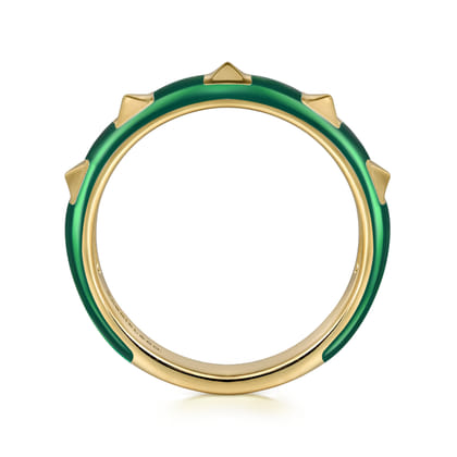 Enamel - 14K Yellow Gold Pyramid Stackable with Chrome Green Enamel