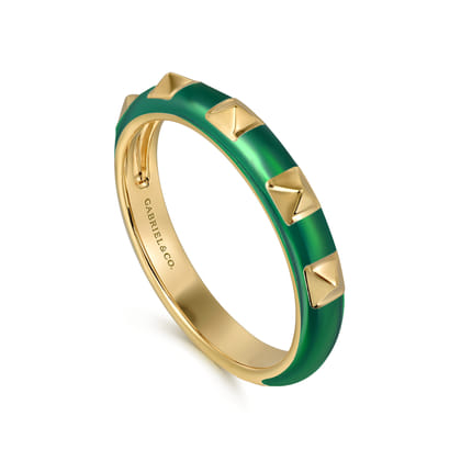 Enamel - 14K Yellow Gold Pyramid Stackable with Chrome Green Enamel