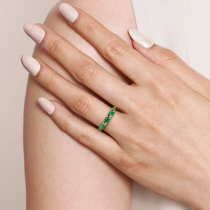 Enamel - 14K Yellow Gold Pyramid Stackable with Chrome Green Enamel