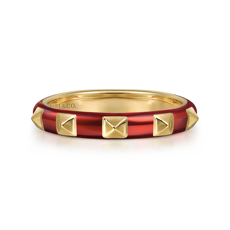 Enamel - 14K Yellow Gold Pyramid Stackable with Chrome Red Enamel - Shot 1