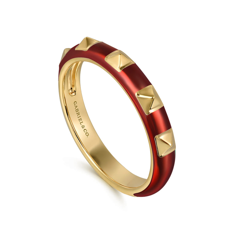 Enamel - 14K Yellow Gold Pyramid Stackable with Chrome Red Enamel - Shot 3