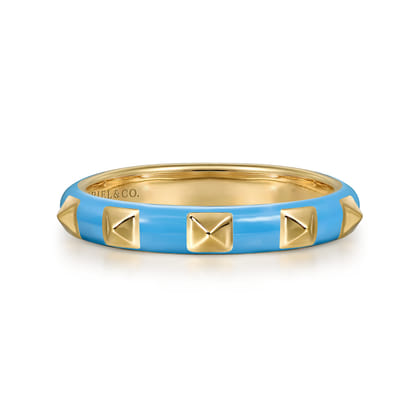 Enamel - 14K Yellow Gold Pyramid Stackable with Dusk Blue Enamel