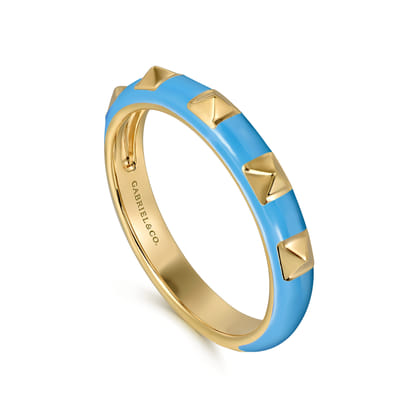 Enamel - 14K Yellow Gold Pyramid Stackable with Dusk Blue Enamel