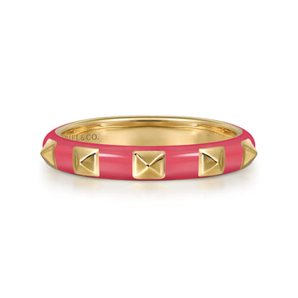 Enamel - 14K Yellow Gold Pyramid Stackable with Fuchsia Enamel