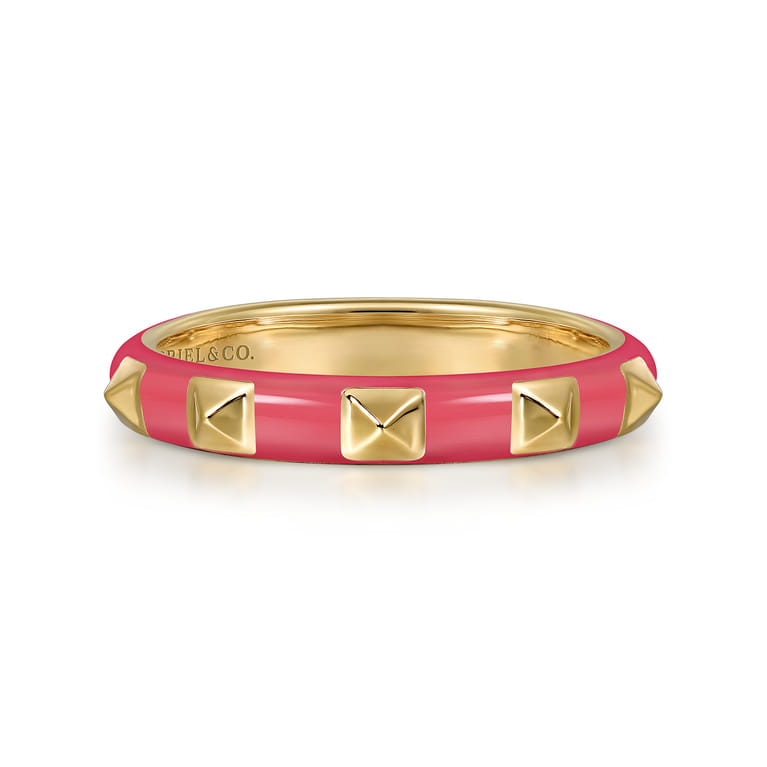 Enamel - 14K Yellow Gold Pyramid Stackable with Fuchsia Enamel - Shot 1