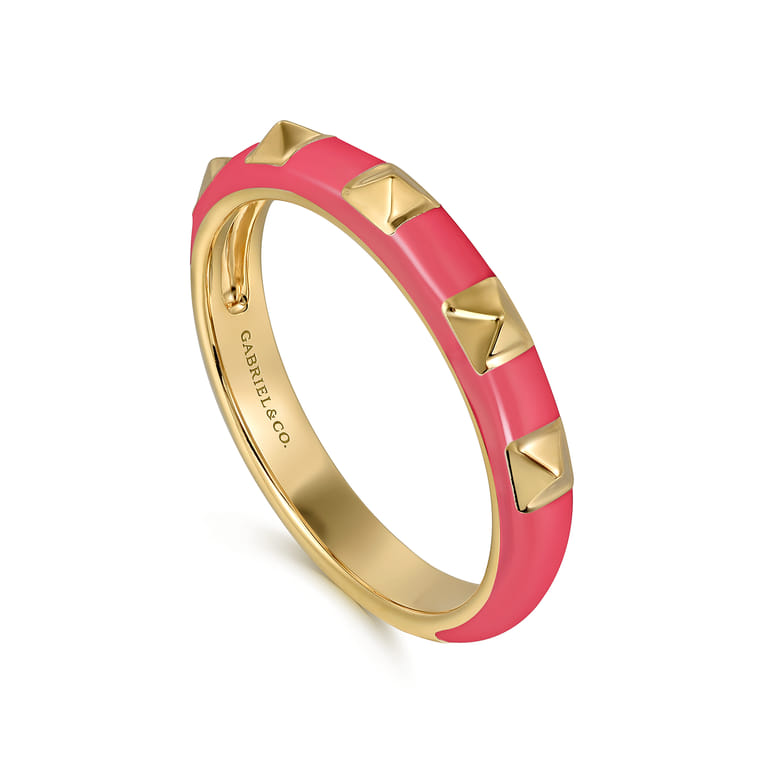 Enamel - 14K Yellow Gold Pyramid Stackable with Fuchsia Enamel - Shot 3