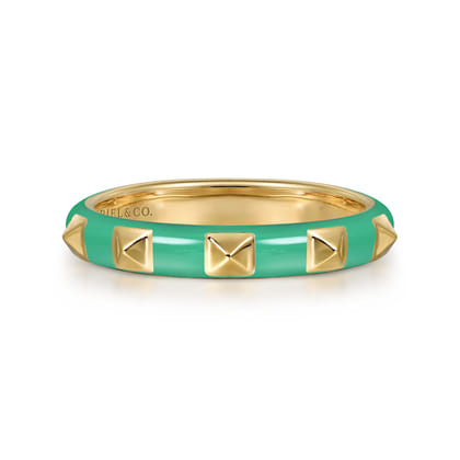 Enamel - 14K Yellow Gold Pyramid Stackable with Mint Green Enamel