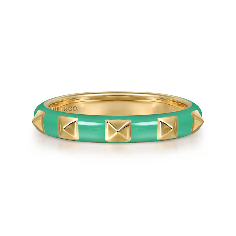 Enamel - 14K Yellow Gold Pyramid Stackable with Mint Green Enamel - Shot 1