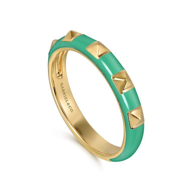 Enamel - 14K Yellow Gold Pyramid Stackable with Mint Green Enamel - Shot 3