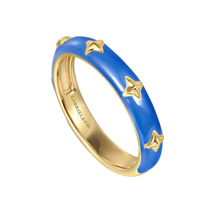 Enamel - 14K Yellow Gold Star Split Stackable with Blue Enamel