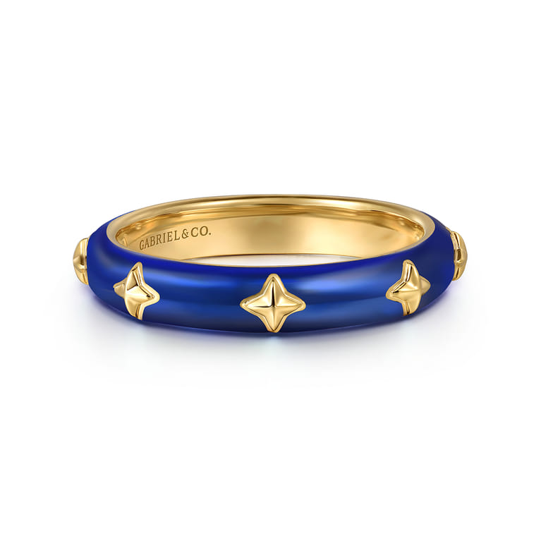 Enamel - 14K Yellow Gold Star Split Stackable with Chrome Blue Enamel - Shot 1