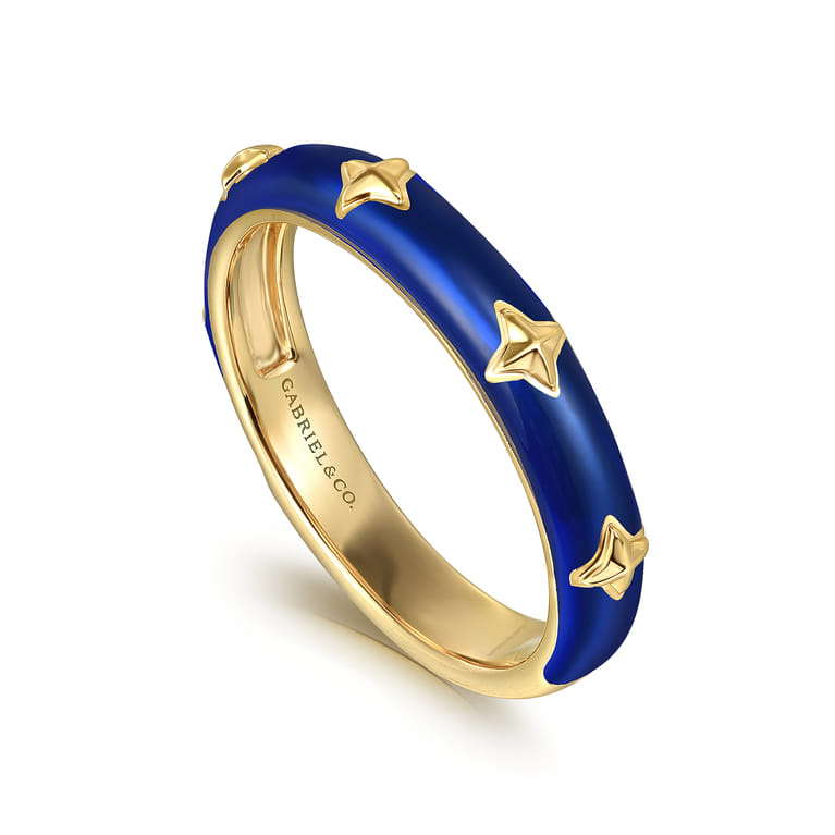 Enamel - 14K Yellow Gold Star Split Stackable with Chrome Blue Enamel - Shot 3
