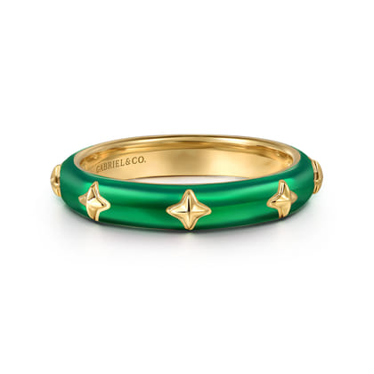 Enamel - 14K Yellow Gold Star Split Stackable with Chrome Green Enamel