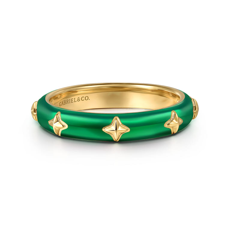 Enamel - 14K Yellow Gold Star Split Stackable with Chrome Green Enamel - Shot 1