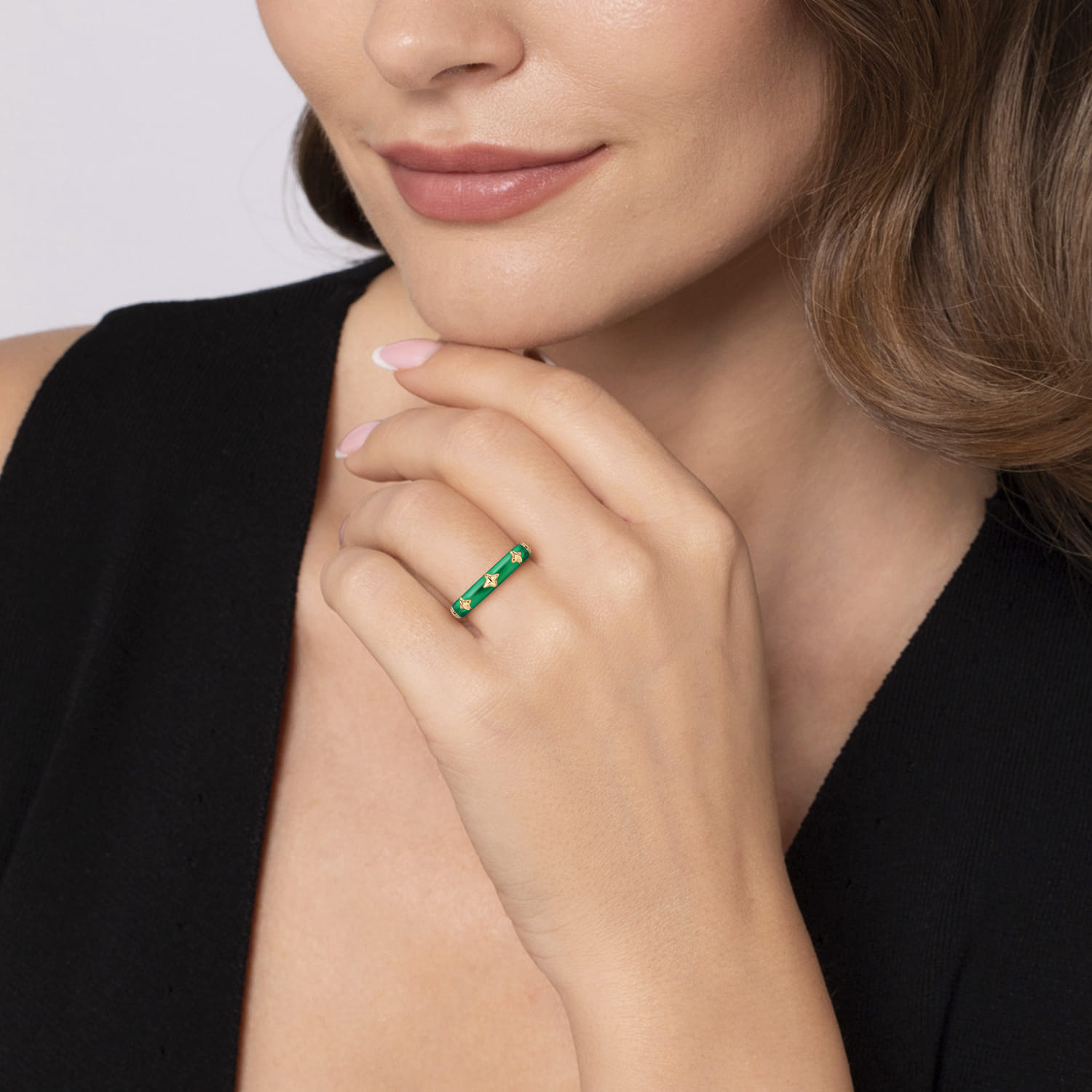 Enamel - 14K Yellow Gold Star Split Stackable with Chrome Green Enamel - Shot 5