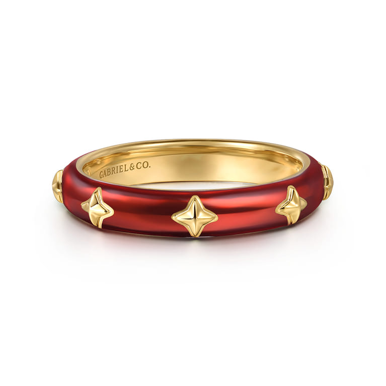 Enamel - 14K Yellow Gold Star Split Stackable with Chrome Red Enamel - Shot 1