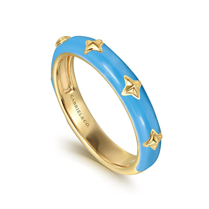 Enamel - 14K Yellow Gold Star Split Stackable with Dusk Blue Enamel