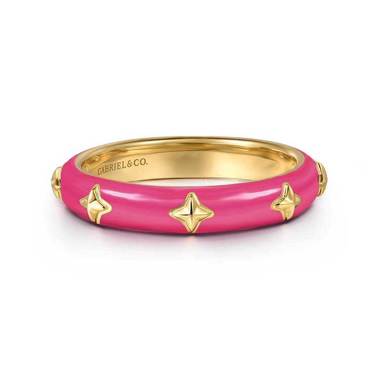 Enamel - 14K Yellow Gold Star Split Stackable with Fuchsia Enamel - Shot 1
