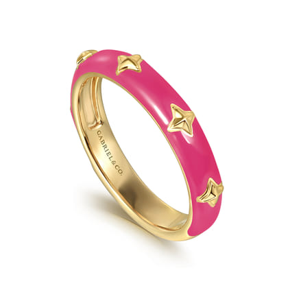 Enamel - 14K Yellow Gold Star Split Stackable with Fuchsia Enamel