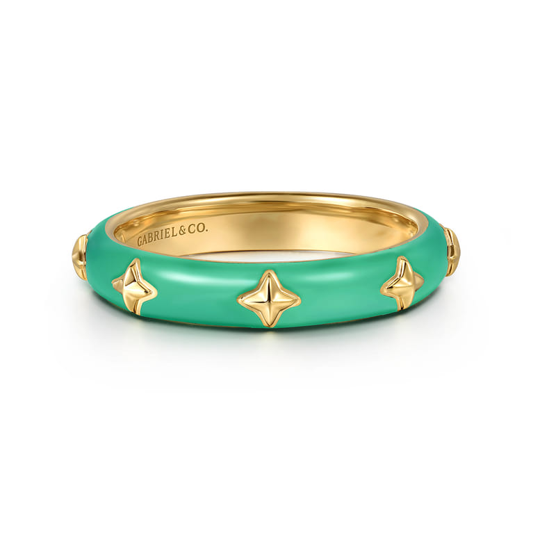 Enamel - 14K Yellow Gold Star Split Stackable with Mint Green Enamel - Shot 1