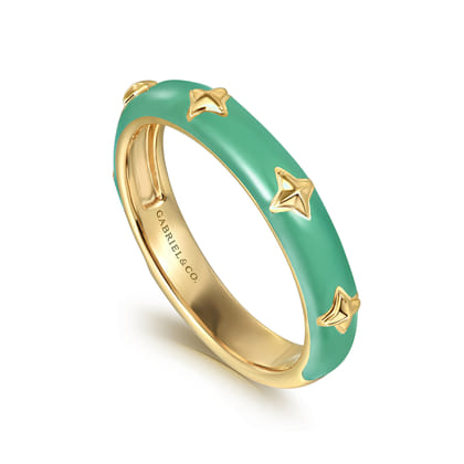 Enamel - 14K Yellow Gold Star Split Stackable with Mint Green Enamel