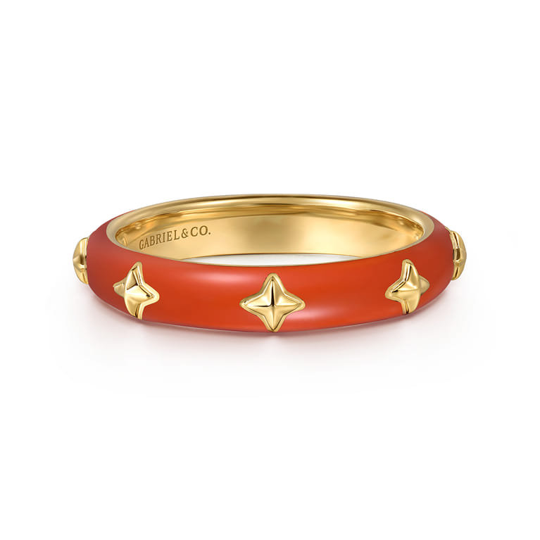 Enamel - 14K Yellow Gold Star Split Stackable with Orange Enamel - Shot 1
