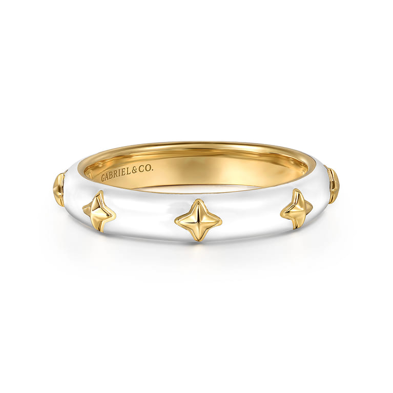Enamel - 14K Yellow Gold Star Split Stackable with White Enamel - Shot 1