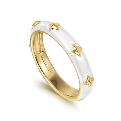 Enamel - 14K Yellow Gold Star Split Stackable with White Enamel