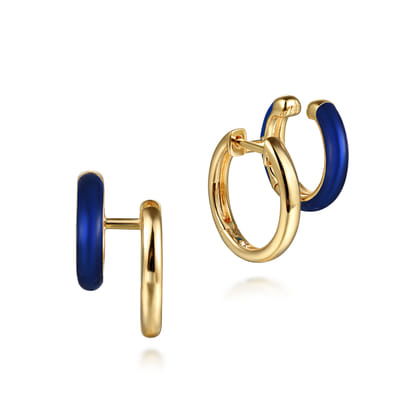 Enamel - 14K Yellow Gold Stuggeis with Chrome Blue Enamel