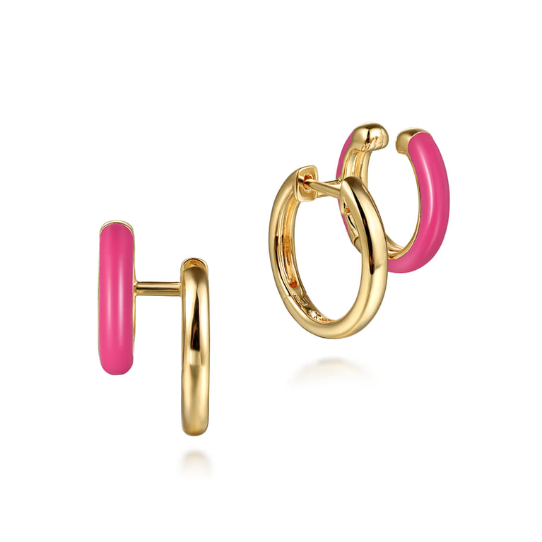 Enamel - 14K Yellow Gold Stuggeis with Fuchsia Enamel - Shot 1