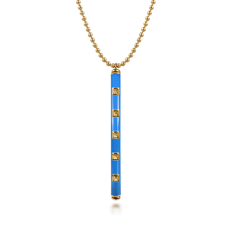 Enamel - 14K Yellow Gold Vertical Bar Necklace with Blue Enamel - Shot 1