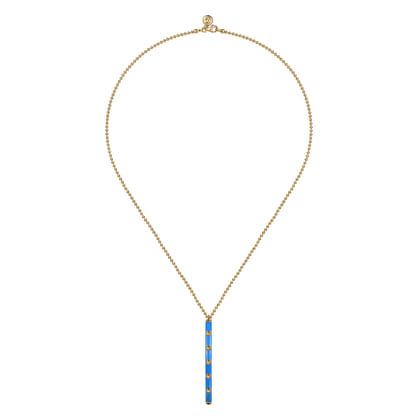 Enamel - 14K Yellow Gold Vertical Bar Necklace with Blue Enamel