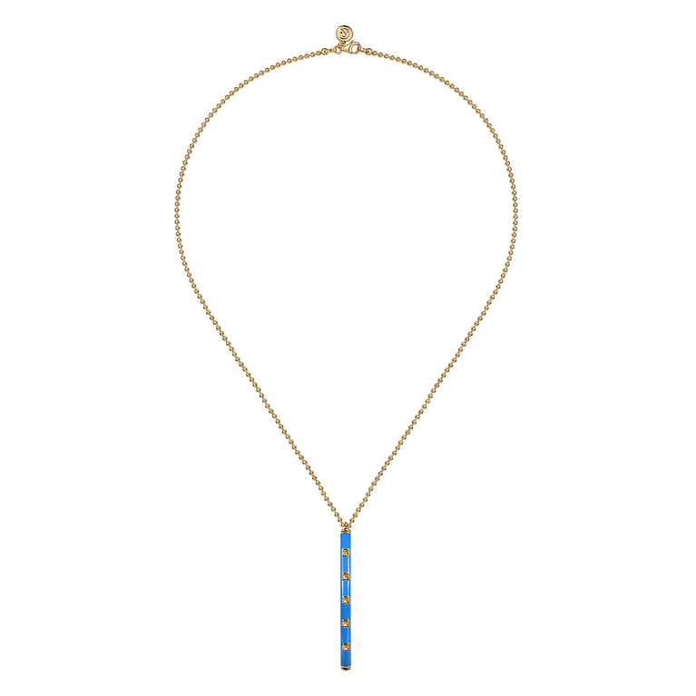 Enamel - 14K Yellow Gold Vertical Bar Necklace with Blue Enamel - Shot 2