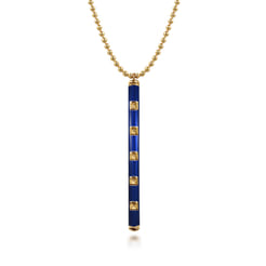 Enamel - 14K Yellow Gold Vertical Bar Necklace with Chrome Blue Enamel