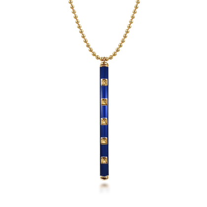 Enamel - 14K Yellow Gold Vertical Bar Necklace with Chrome Blue Enamel
