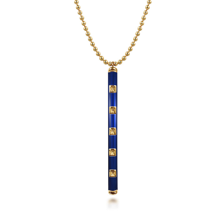 Enamel - 14K Yellow Gold Vertical Bar Necklace with Chrome Blue Enamel - Shot 1