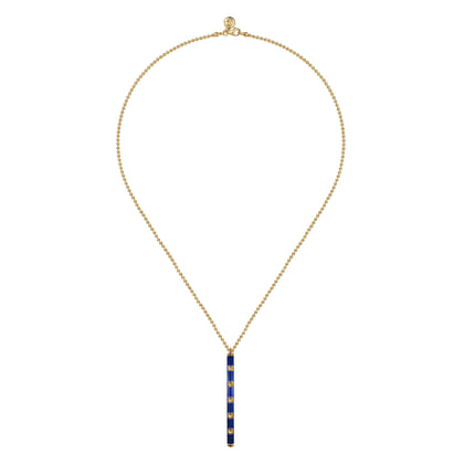 Enamel - 14K Yellow Gold Vertical Bar Necklace with Chrome Blue Enamel